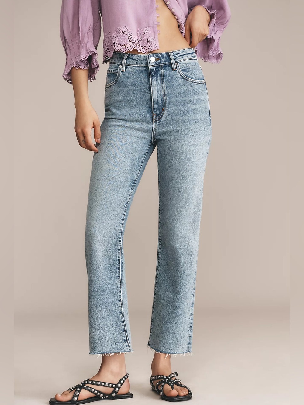 Frame Denim Straight-Leg Jeans in Light Blue with Raw Hem